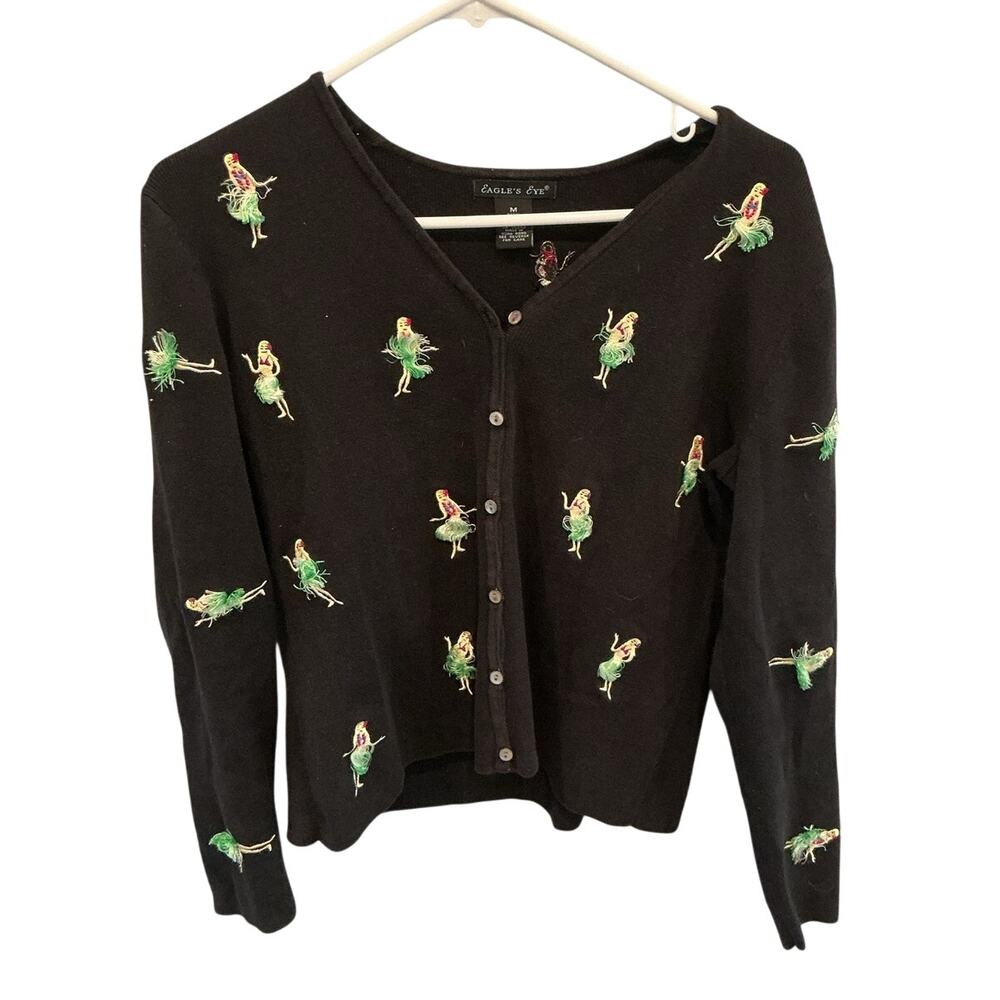 Vintage Eagle Eye Embroidered Novelty Sweater Cardigan‎ Hula Dancer Beach Hawaii